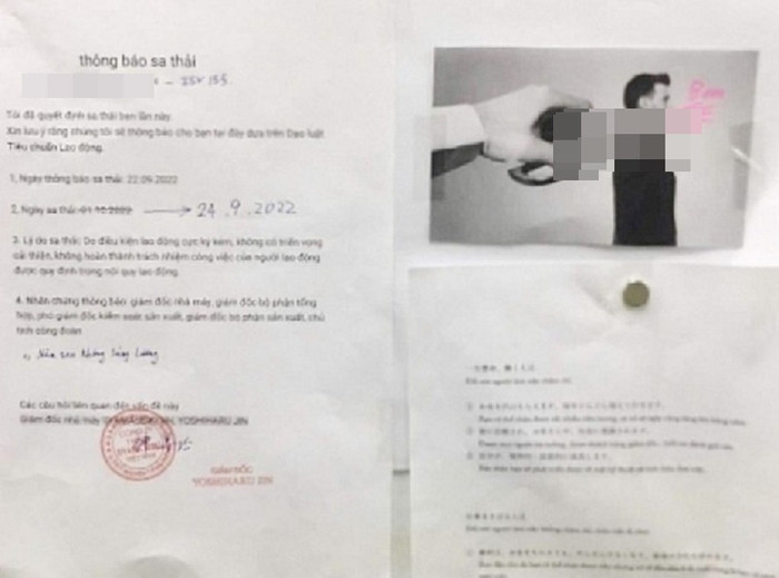 Giám đốc công ty TNHH Iiyama Seiki dán văn bản thông báo sa thải công nhân kèm theo hình ảnh ghê rợn gây phẫn nộ trong dư luận. 