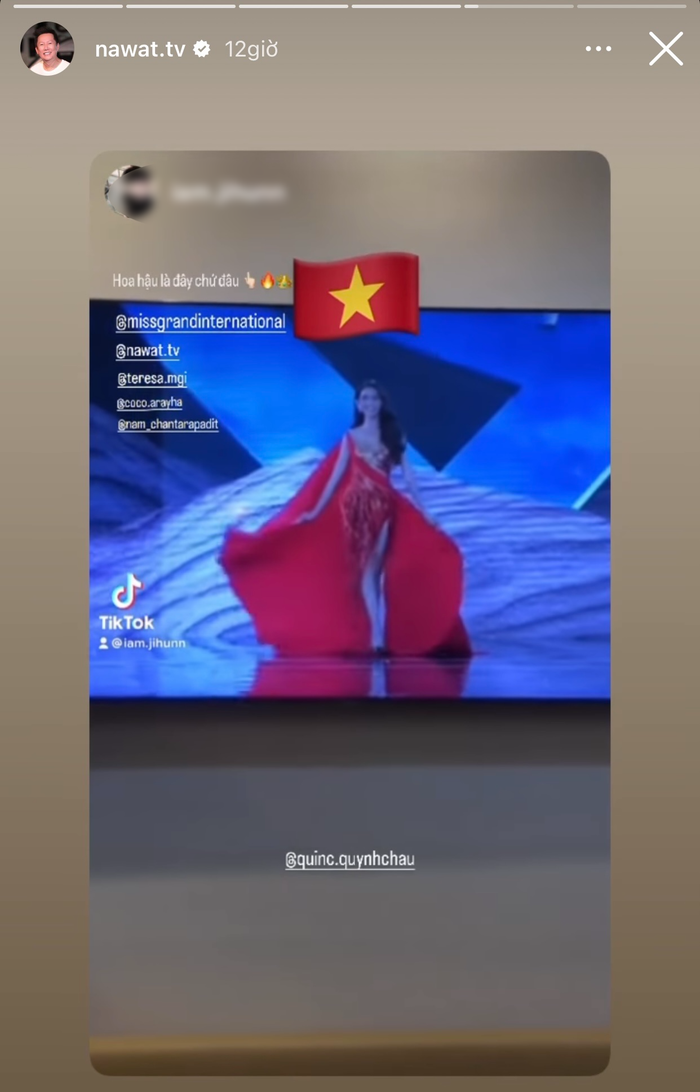 Lần thứ hai Chế Nguyễn Quỳnh Châu 'chễm chệ' được chủ tịch cuộc thi Hoa hậu Hòa bình Quốc tế chia sẻ ảnh. 