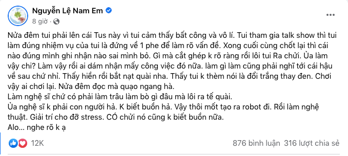 Nửa đêm, Nam Em gay gắt lên tiếng khi bị chỉ trích vì chê vợ Lê Dương Bảo Lâm Ảnh 1