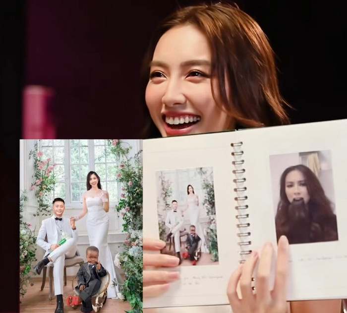 Thùy Tiên bất ngờ khi nhìn thấy tấm hình cưới của cô và Quang Linh Vlog được dân tình ghép.