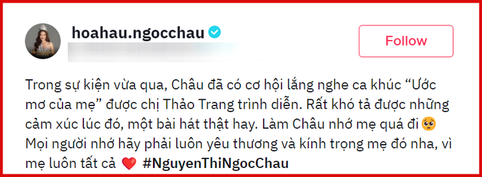 Hoa hậu Ngọc Châu say sưa nghe Thảo Trang trình diễn, có chia sẻ về mẹ khiến dân mạng xúc động Ảnh 3