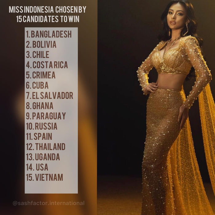 Có tới 15 đại diện mong muốn đại diện của Indonesia trở thành người kế nhiệm Thùy Tiên. (Hình ảnh do chuyên trang sắc đẹp Sash Factor thống kê).
