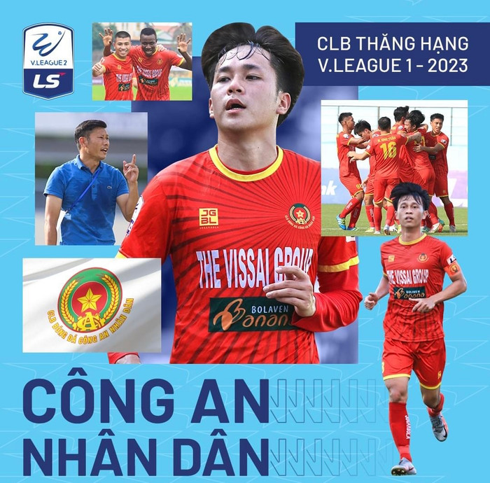 Hai cầu thủ của bầu Đức là Minh Bình và Thanh Sơn ghi bàn giúp CAND lên chơi V.League 2023. Ảnh: VPF