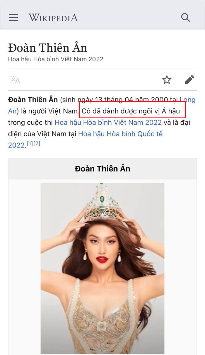 Thông tin của Đoàn Thiên Ân trên Wikipedia bị chỉnh sửa.