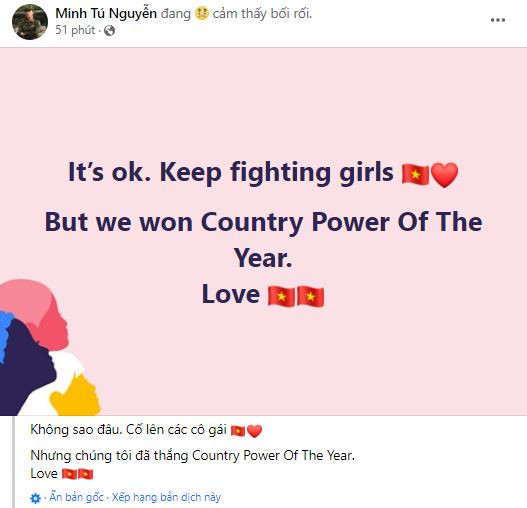 Minh Tú ngay lập tức động viên đàn em sau khi biết kết quả Thiên Ân dừng chân tại top 20 Miss Grand International 2022: 'Không sao đâu, cố lên các cô gái. Nhưng chúng tôi đã thắng giải Country Power Of The Year. Yêu'.