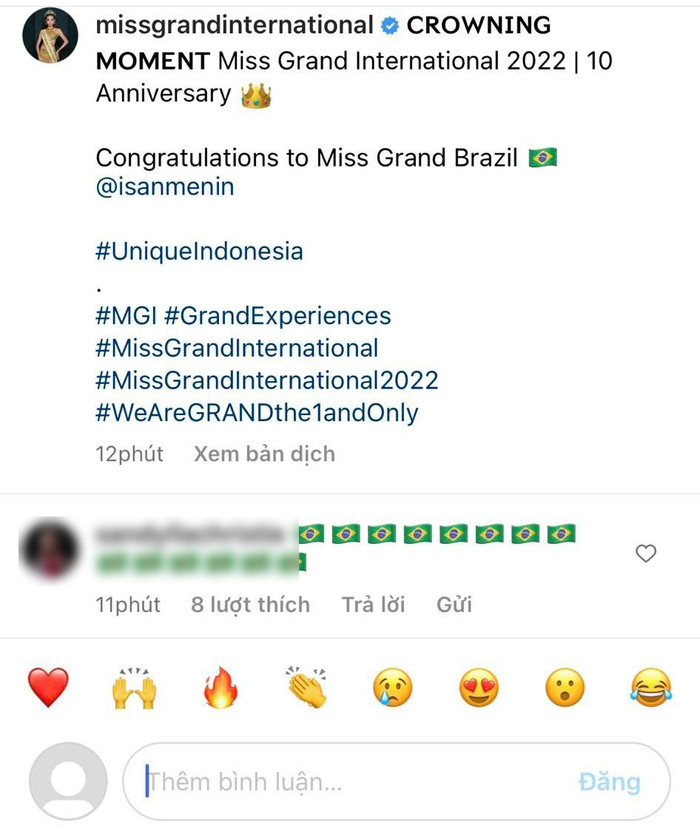 Chỉ đến khi công bố đại diện Brazil chiến thắng, phía Miss Grand mới mở lại bình luận.