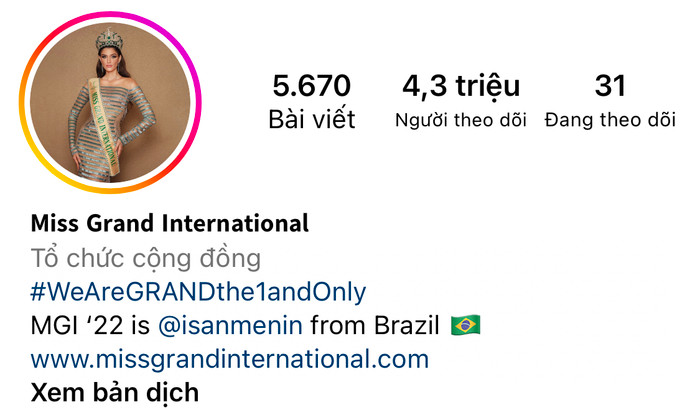 Tính đến hiện tại, tài khoản Instagram của Miss Grand International đã mất 2,2 triệu lượt theo dõi khi Đoàn Thiên Ân bị loại.