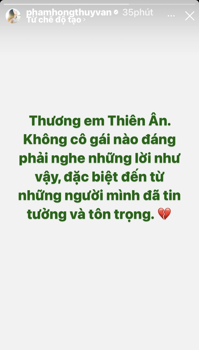 Á hậu Thúy Vân lên tiếng bảo vệ Thiên Ân: 'Không 1 cô gái nào đáng phải nghe những lời như vậy' Ảnh 3