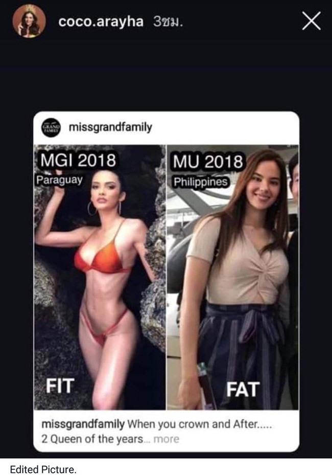 Coco Arayha từng công khai miệt thì hình thể của Miss Universe 2018 Catriona Gray.