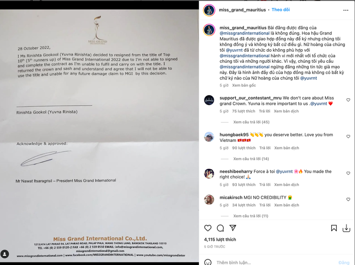 Bài đăng do chính Miss Grand Mauritius đính chính rằng nữ hoàng của họ là người từ bỏ ngôi vị Á hậu 5 chứ không phải bị tước vương miện như cách Miss Grand International công bố. 