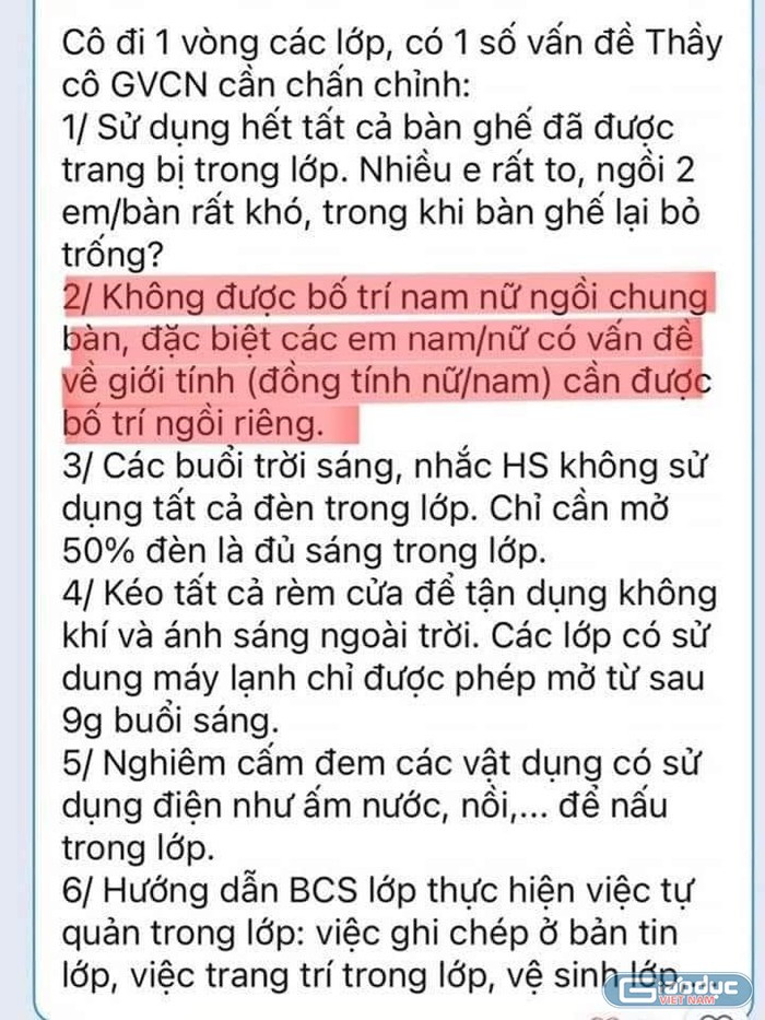 Tin nhắn của Hiệu trưởng gửi các giáo viên chủ nhiệm Trường Dương Văn Thì, thành phố Thủ Đức (ảnh chụp màn hình)