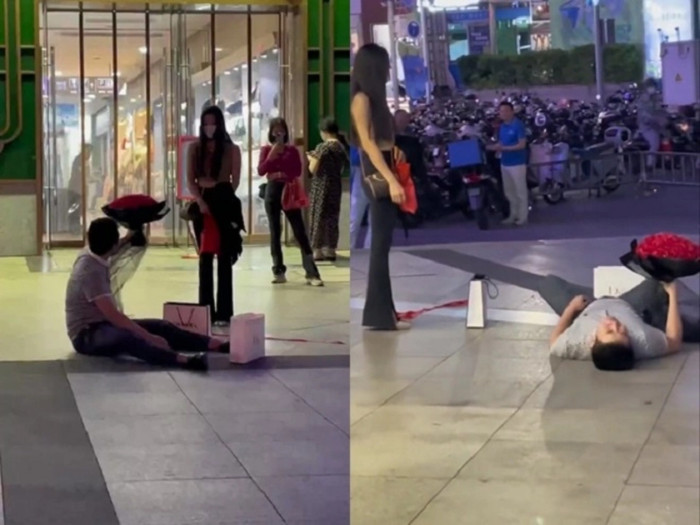 Anh chàng nằm lăn ra đất giãy đành đạch khi bị từ chối khiến nhiều người ngán ngẩm.