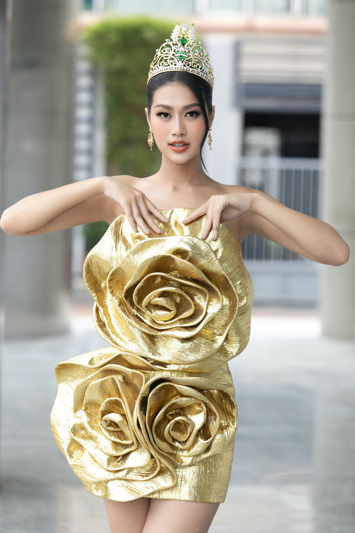 Thiên Ân xuất hiện rạng rỡ trong bộ cánh của nhà thiết kế trẻ Việt Nam, chất liệu xốp ánh kim bắt sáng kết hợp với tạo hình cánh hoa hồng ấn tượng. 