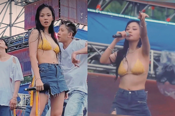 Trước đó cô cũng gặp sự cố trang phục khi đang trình diễn