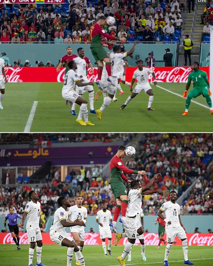 Khoảnh khắc Ronaldo bật nhảy cao hơn xà ngang ở trận Bồ Đào Nha thắng Ghana.