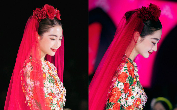 Lương Thuỳ Linh e ấp làm cô dâu trong chiếc áo dài cưới đỏ rực Ảnh 2