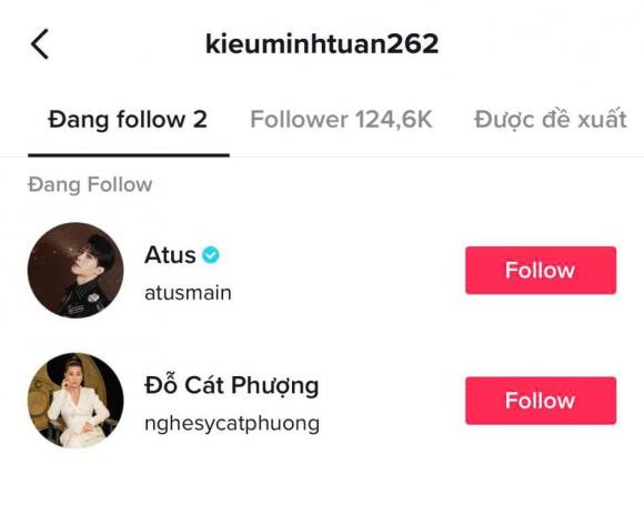 Tài khoản TikTok của Kiều Minh Tuấn chỉ theo dõi 2 nhân vật đặc biệt là Cát Phượng và Anh Tú. 