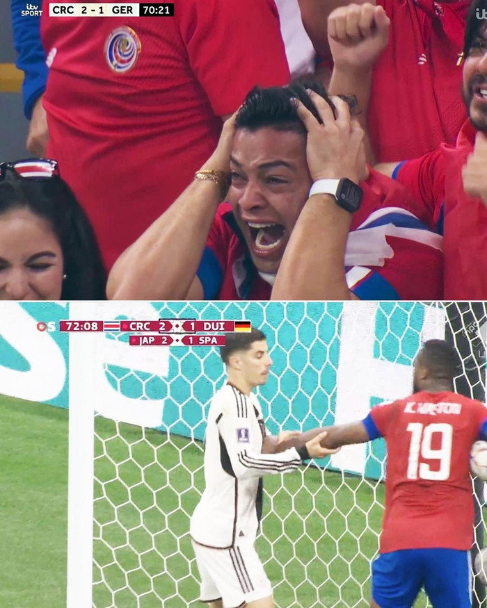 Thời khắc Costa Rica ghi bàn nâng tỷ số lên 2-1 trước Đức ghi lại hình ảnh một CĐV bật khóc. World Cup thực sự mang đến cảm xúc bất tận cho người hâm mộ, ai cũng có thể khóc khi chứng kiến màn trình diễn của đội nhà. Ảnh: ESPN