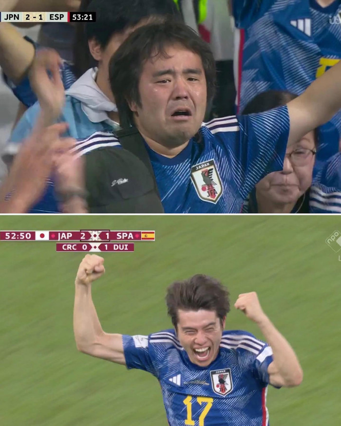 Hình ảnh CĐV Nhật Bản khóc mang đến sự xúc động cho người hâm mộ thế giới. Nhật Bản ngược dòng thắng Tây Ban Nha để đi tiếp là địa chấn lớn nhất ở World Cup 2022. Ảnh: ESPN