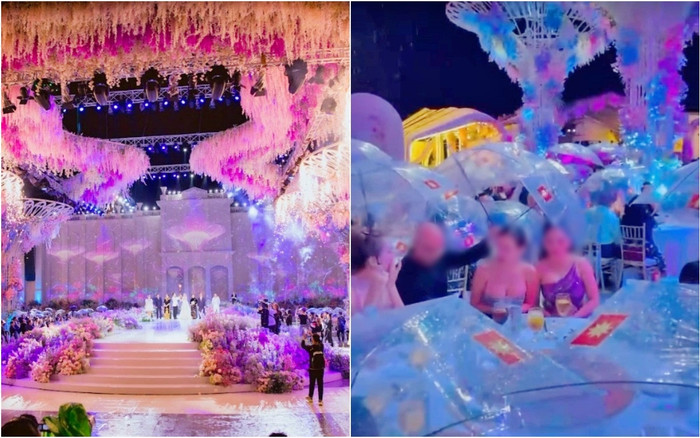 Lễ cưới trăm tỉ ở Kiên Giang, mỗi người cầm 1 chiếc ô và netizen cảm thán: 'Ngồi ăn cũng kiểu mui trần' Ảnh 2