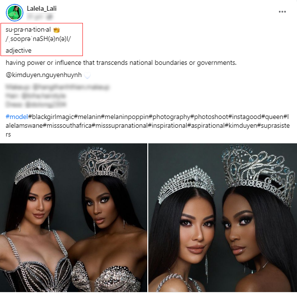 Người đẹp đã phiên âm rõ chữ Supranational theo chuẩn tiếng anh trên dòng trạng thái của mình. 