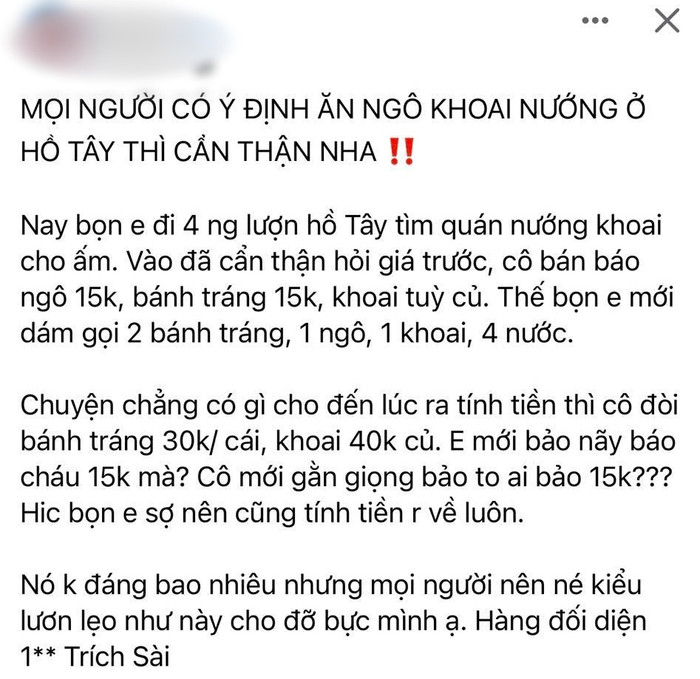 Lại thêm vụ tố chủ quán lật lọng tăng giá gấp đôi khi ăn bánh tráng, 1 củ khoai giá 40.000 đồng ở Hồ Tây Ảnh 1