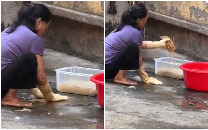 Sốc nặng hình ảnh cô bán 'xiên bẩn' vò giặt xiên ngay dưới lòng đường đen ngòm Ảnh 2
