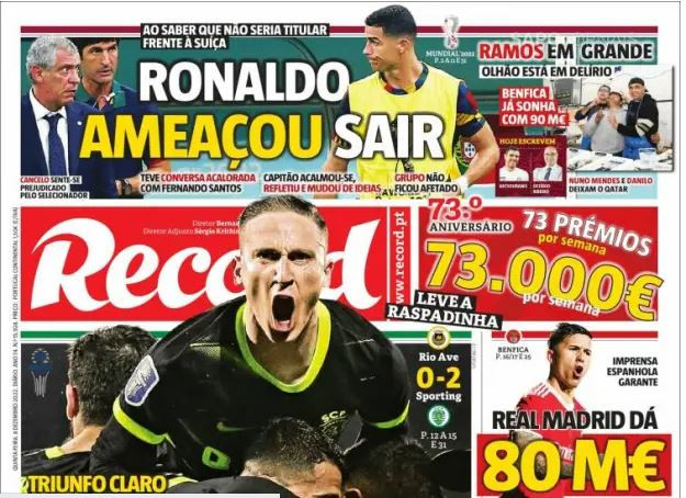 Báo Record (Bồ Đào Nha) đăng lên trang nhất: Ronaldo đe dọa sẽ rời khỏi World Cup 2022.