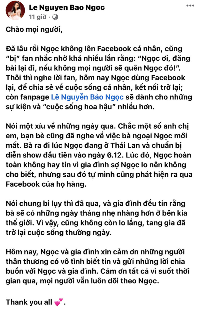 Bảo Ngọc đăng tải bài viết dài giải thích về lý do thời gian qua cô ít hoạt động trên mạng xã hội.
