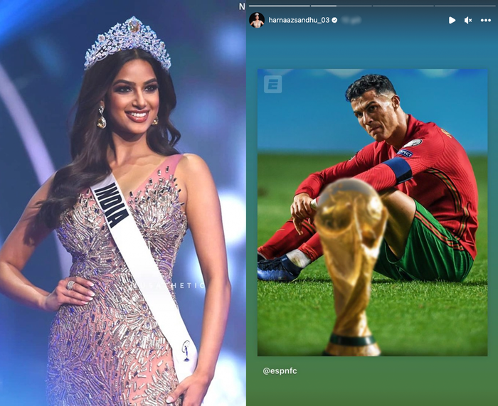 Hoa hậu Hoàn vũ 2021 - Harnaaz Sandhu gây chú ý khi đăng tải ảnh của siêu sao bóng đá người Bồ Đào Nha lên trang cá nhân.