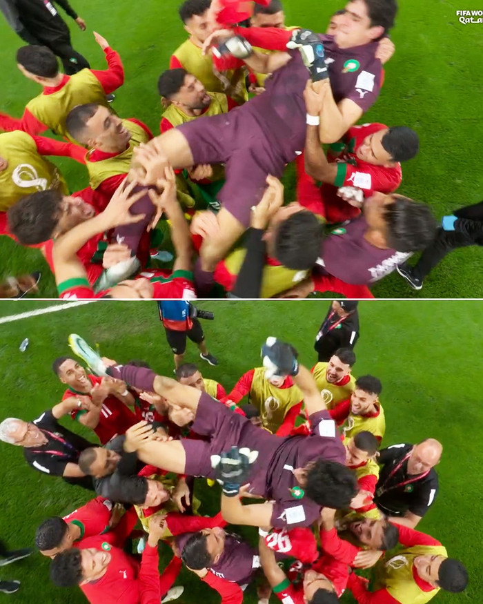 Yassine Bounou được các cầu thủ Morocco xem như người hùng sau khi tiễn Tây Ban Nha về nước.