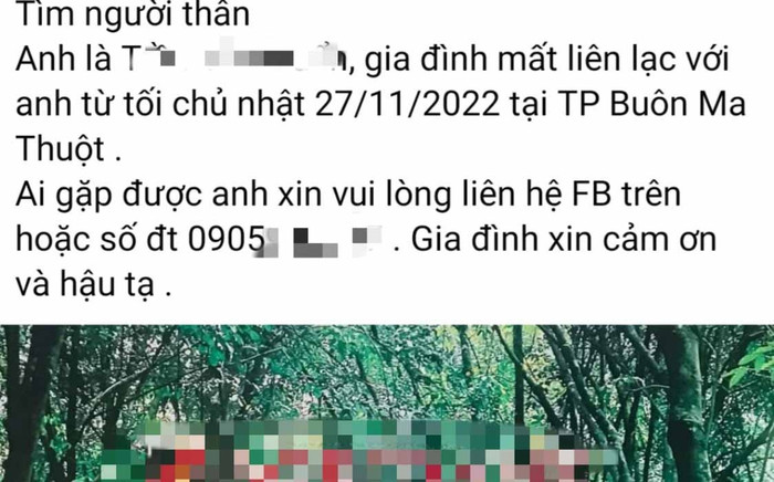Người thân đăng thông tin về vụ mất tích cầu cứu cộng đồng mạng hỗ trợ tìm kiếm.&nbsp;