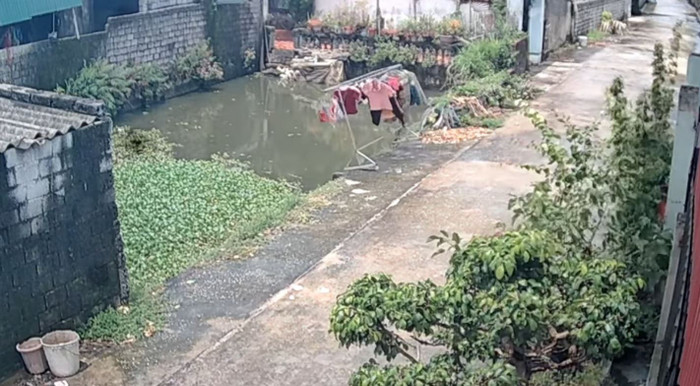 'Thế lực bí ẩn' được nhắc đến chính là cơn gió thổi qua khiến cây phơi đồ lăn xuống ao nước. Ảnh cắt từ clip