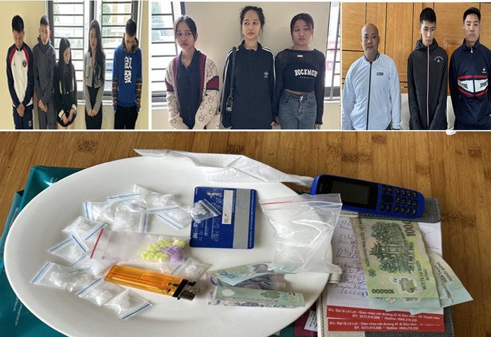 Các đối tượng cùng tang vật tại Cơ quan Công an