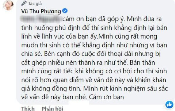 Sau câu hỏi phỏng vấn chuyên sâu, Vũ Thu Phương đã phải lên tiếng xin lỗi.