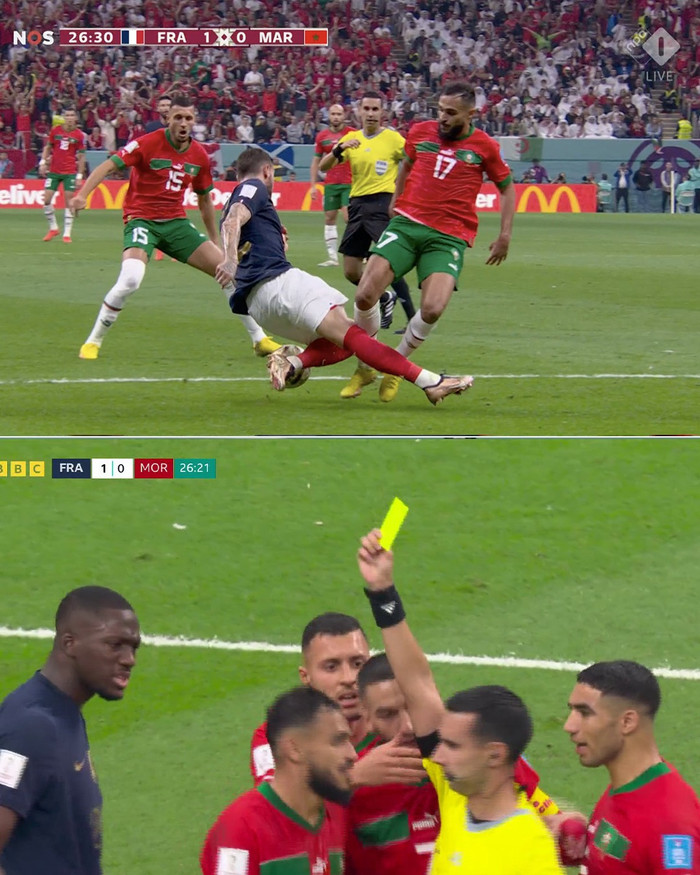 Tình huống &nbsp;Sofiane Boufal&nbsp;bị Theo Hernandez tác động rất rõ ràng trong vùng cấm, nhưng trọng tài rút thẻ vàng cầu thủ Morocco. Ảnh: ESPN