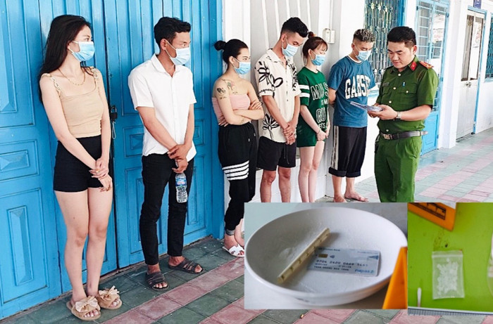 6 đối tượng sử dụng traisi phép chất ma túy bị lực lượng chức năng bắt quả tang. Ảnh: CAND