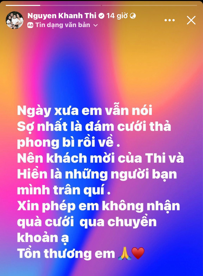 Khánh Thi không nhận quà cưới qua chuyển khoản.