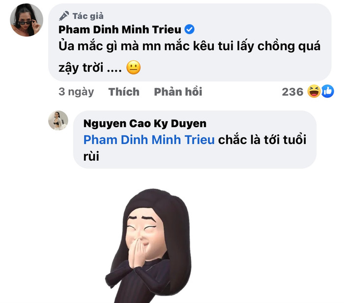 Kỳ Duyên tiếp lời: 'Chắc là tới tuổi rồi'. Màn tương tác của cả hai đã nhanh chóng thu hút sự quan tâm của công chúng khiến ai nấy đều thích thú. 