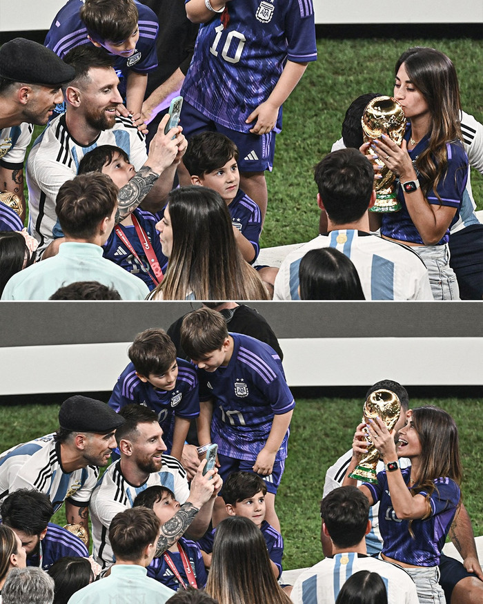  Antonela và ba đứa con trai ăn mừng Cúp vàng cùng Messi.