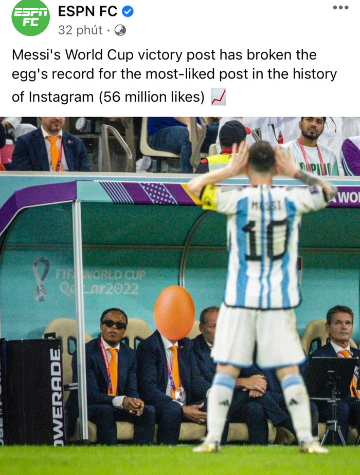 ESPN thông báo ngôi sao Messi đã phá kỷ lục bài đăng có nhiều lượt like nhất trên mạng xã hội.