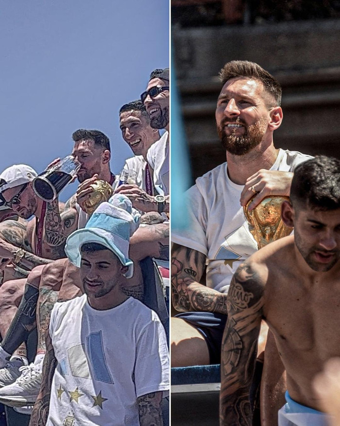 Messi vui vẻ ăn mừng cùng các đồng đội.