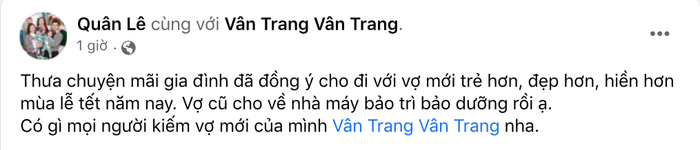 Ông xã Vân Trang cũng đăng đàn thông báo việc bà xã bị mất tài khoản Facebook.