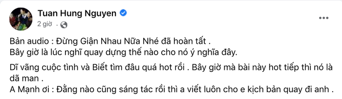 Bài đăng 'thỉnh cầu' Duy Mạnh của ca sĩ Tuấn Hưng mới đây.