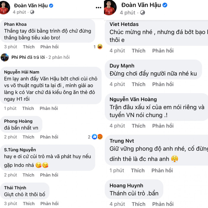 Trên facebook của Văn Hậu, nhiều CĐV Việt Nam phản ứng lối chơi có nhiều động tác thừa của Văn Hậu. 
