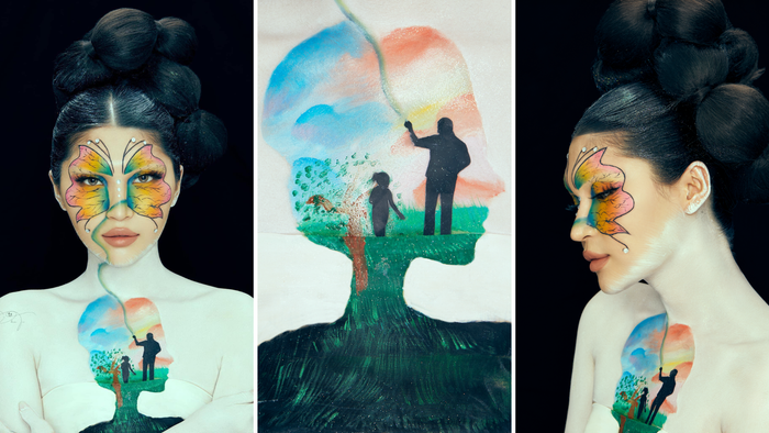 Tác phẩm “Tuổi thơ cùng cha” của Đỗ Thị Thái Bình (SN 2002), Hoàng Thị Minh Ánh (SN 2003) và Lâm Thị Yến Nhi (SN 2003) sử dụng concept “hình trong hình”. Bên ngoài là hình ảnh của một cô gái trưởng thành hồi tưởng lại thời điểm còn bé được cha dẫn đi thả diều trong một buổi chiều nắng đẹp, đồng thời gợi ra tâm trạng tiếc nuối, mong ước được quay trở lại những ngày tuổi thơ. 