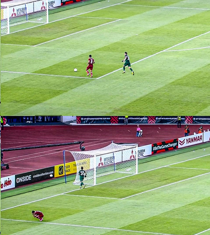 Witan đối diện khung thành trống và không bị áp lực, anh sút bóng đi ra ngoài.