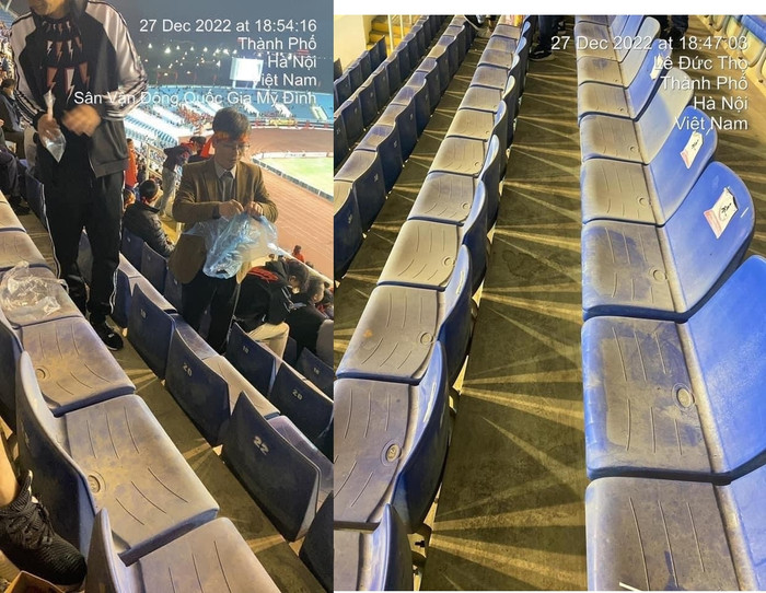 Khán đài bẩn, nhiều bụi bám đến mức không thể lau cho sạch. Khán giả phải dùng bịch ni lông lót ngồi cổ vũ cho tuyển Việt Nam. Đây là hình ảnh được người hâm mộ đăng trên mạng xã hội ở hôm 27/12. Nhiều người nhận xét không thể chấp nhận được với hình ảnh dơ bẩn ở sân vận động quốc gia.