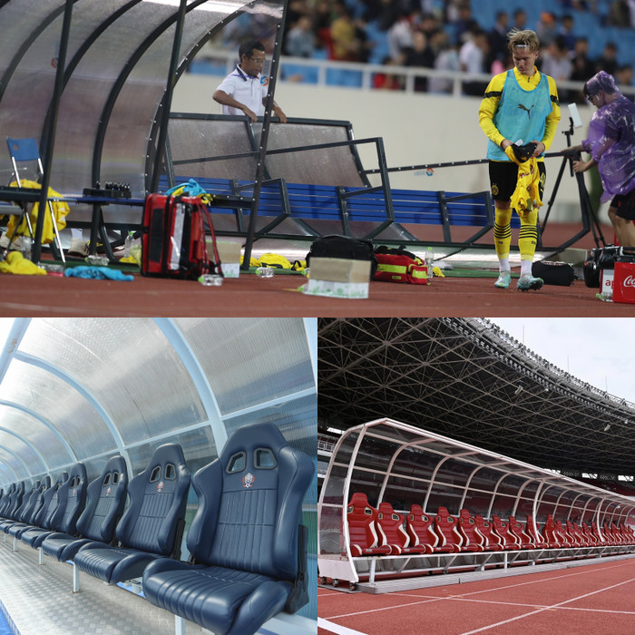 Cabin ở sân Mỹ Đình chắc chắn lạc hậu so với các sân vận động khác ở Đông Nam Á. Trong ảnh là cabin sân Mỹ Đình bị gió thổi đổ trong trận Việt Nam thắng Dortmund 2-1. Hai hình ảnh phía dưới là cabin ở sân của Campuchia và sân của Indoneisa. Sự khác biệt có lẽ không cần phải nói dài dòng, bởi ai cũng nhìn ra cabin sân Mỹ Đình thua kém xa. Gần nhất, một CLB V.League đã đề xuất VFF cho đơn vị này mượn hệ thống cabin (khu vực kỹ thuật) để phục vụ ở AFF Cup 2022.