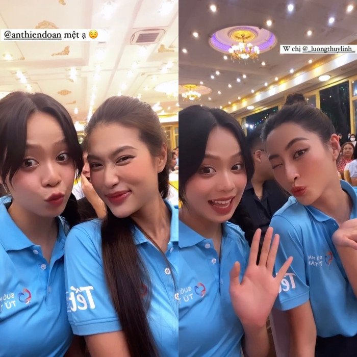 Hoa hậu Thanh Thuỷ có phần nhí nhảnh hơn khi chụp hình chung với các nàng hậu khác.